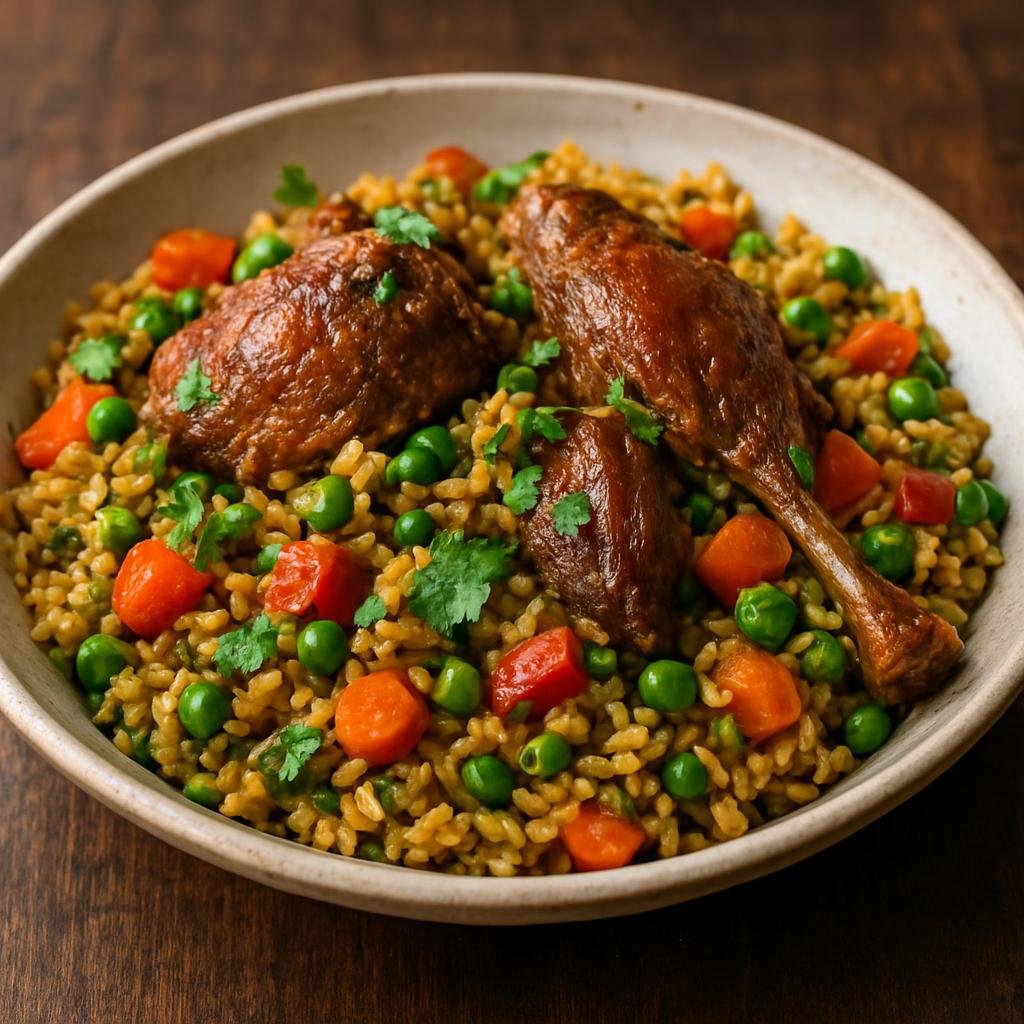 Entree: Peru – Northern Coast – Arroz con Pato (Cilantro-scented rice braised with duck and vegetables) recipe