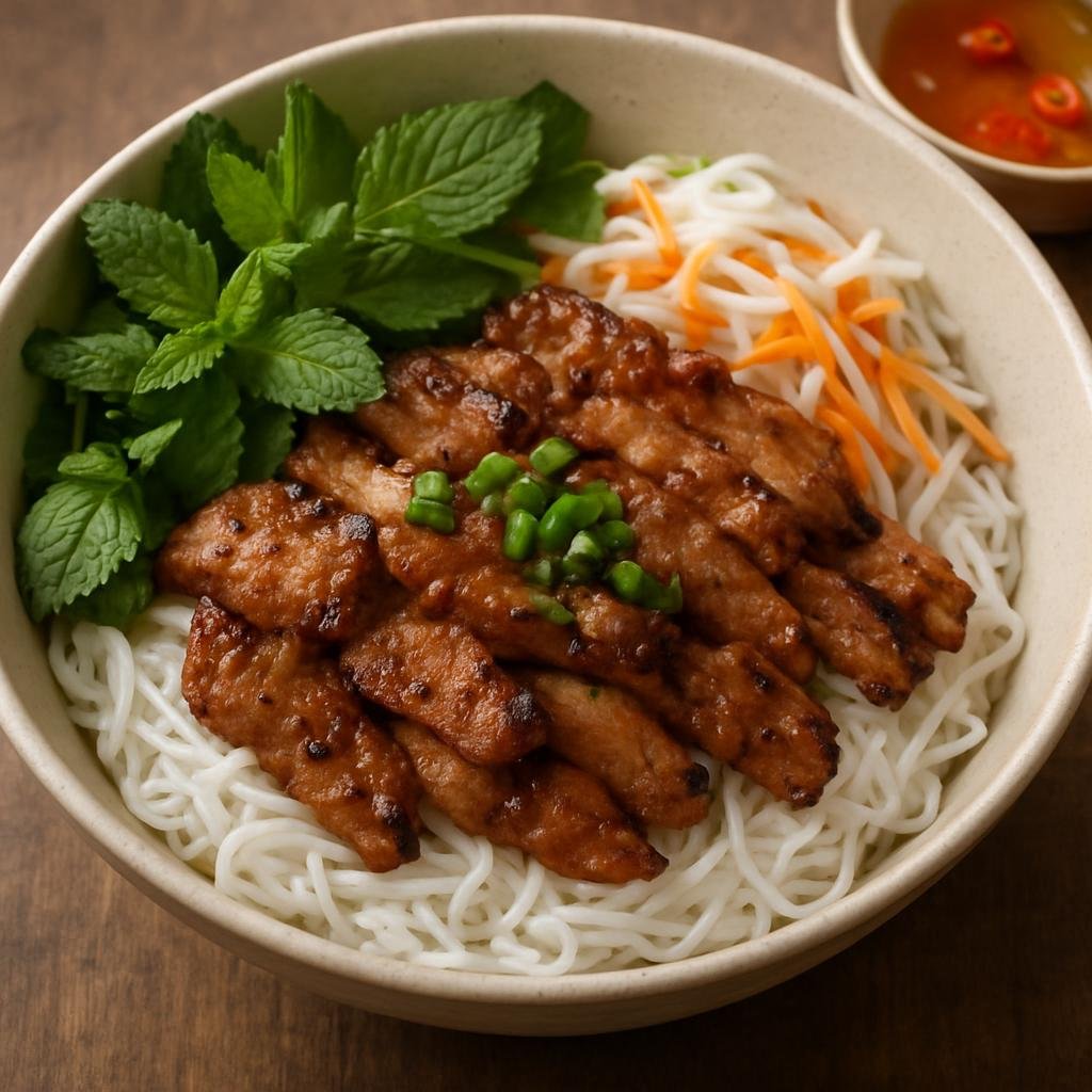 Entree: Vietnam – Southern Vietnam – Bún Thịt Nướng (Grilled marinated pork served over rice vermicelli with fresh herbs and fish-sauce dressing) recipe