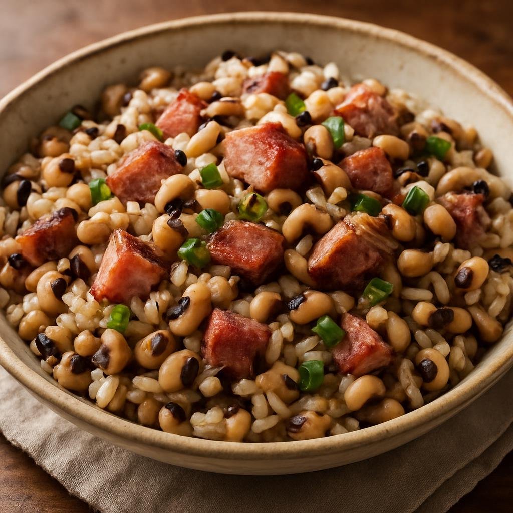 Entree: United States – Carolinas Lowcountry – Hoppin' John (Steamed rice cooked with black-eyed peas and smoked pork for a savory Southern one-pot meal) recipe