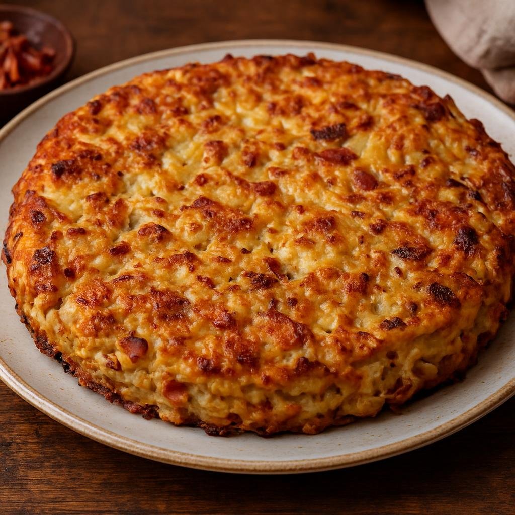 Entree: Germany – Rhineland – Rheinischer Döbbekooche (Rhenish baked potato cake made with grated potatoes, onions and bacon) recipe