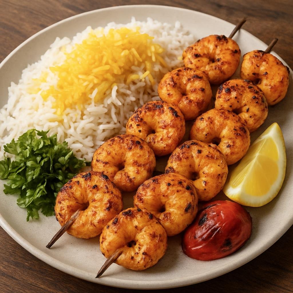 Entree: Iran – Persian Gulf Coast – کباب میگو ➤ Kabab-e Meygoo (Grilled marinated shrimp skewers flavored with Persian spices and saffron) recipe