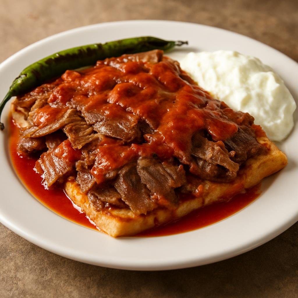 Entree: Turkey – Ottoman Palace Cuisine – İskender Kebab (Thinly sliced lamb served over toasted flatbread with a warm tomato-butter sauce and a side of yogurt) recipe