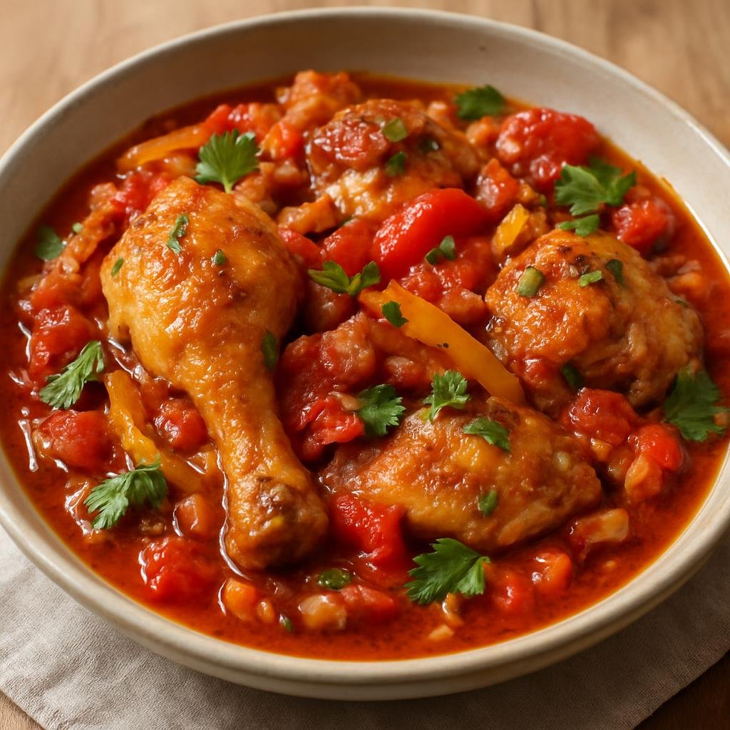 Entree: Italy – Lazio / Rome – Pollo alla Romana (Roman-style braised chicken with tomatoes, bell peppers, pancetta, and herbs) recipe