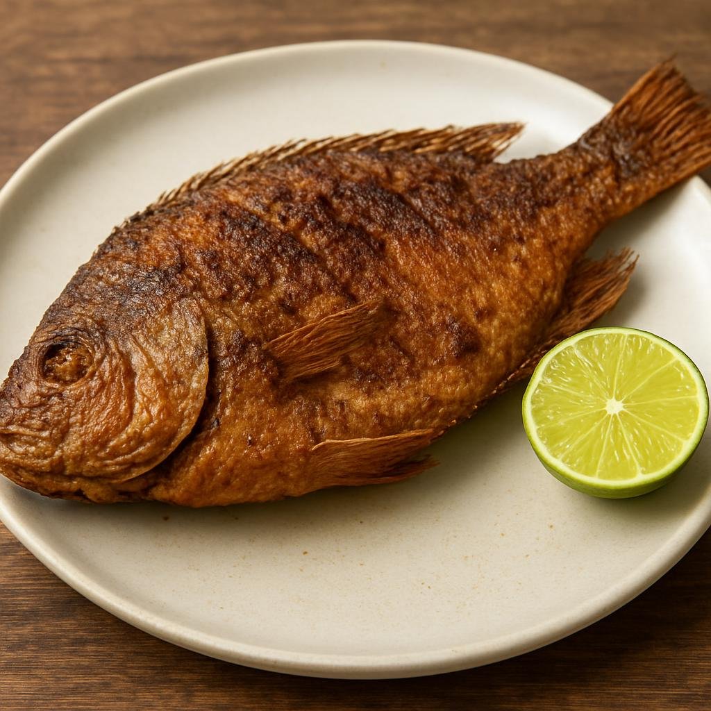 Entree: Colombia – Pacific Coast – Mojarra Frita (Whole fried mojarra fish seasoned and crisped in hot oil, served with lime) recipe