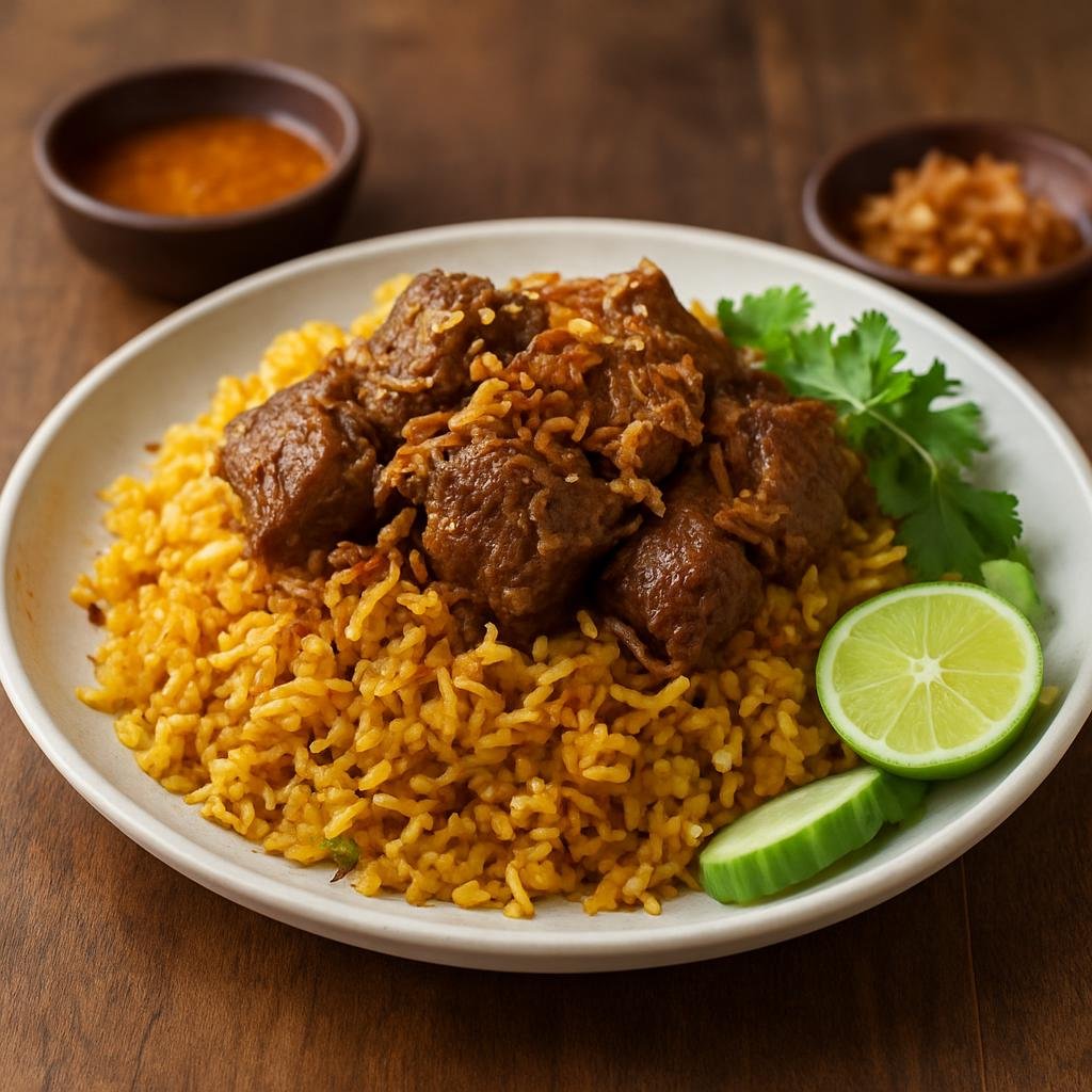 Entree: Thailand – Thai Muslim Cuisine – ข้าวหมกเนื้อ ➤ Khao mok neua (Fragrant spiced rice cooked with marinated beef in the Thai Muslim style, similar to biryani) recipe
