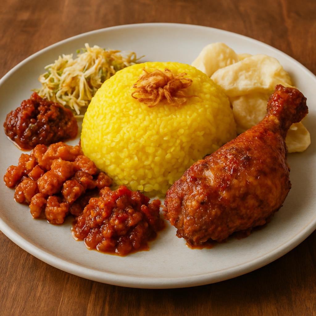 Entree: Indonesia – Flores & Timor – Nasi Kuning Flores (Fragrant turmeric and coconut rice served with Flores-style spiced chicken and condiments) recipe