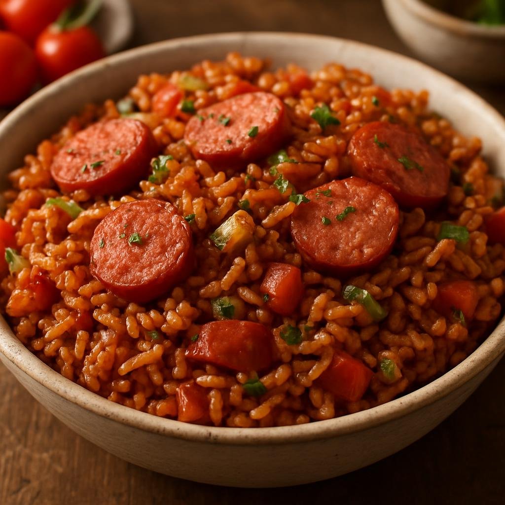 Entree: United States – Carolinas Lowcountry – Red Rice with Sausage (Lowcountry-style red rice cooked with smoked sausage, aromatic vegetables, and tomato for a savory one-pot meal) recipe