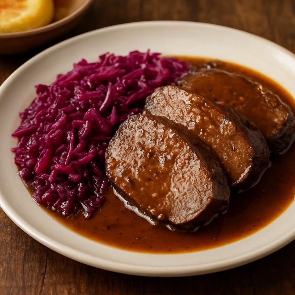 Entree: Germany – Rhineland – Rheinischer Sauerbraten mit Rotkohl (Rhenish marinated pot roast served with braised red cabbage) recipe