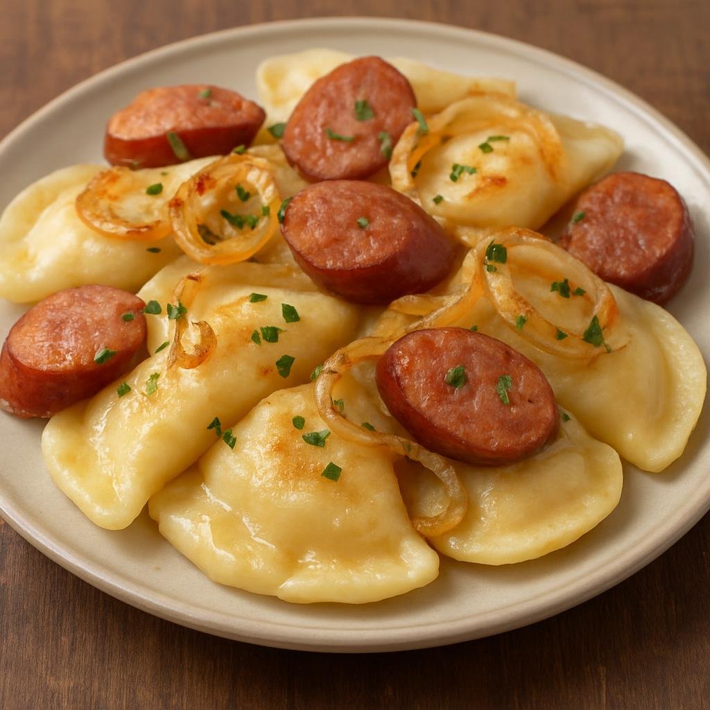 Entree: Canada – Prairies – Perogies with Sausage (Boiled potato-and-cheese dumplings finished in butter and served with smoked sausage and fried onions) recipe