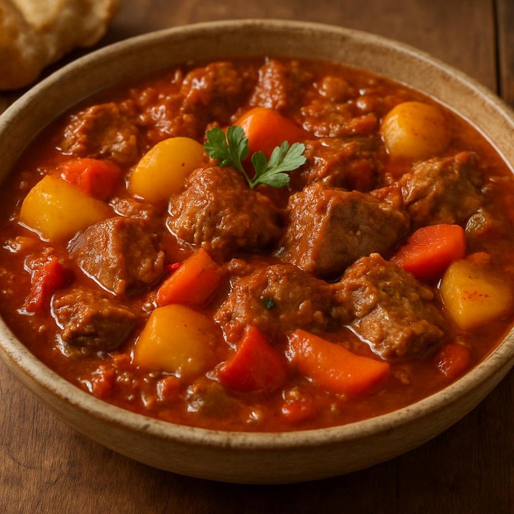 Entree: Spain – Extremadura – Caldereta de Cordero (Hearty Extremaduran lamb stew braised with tomatoes, peppers, and paprika) recipe