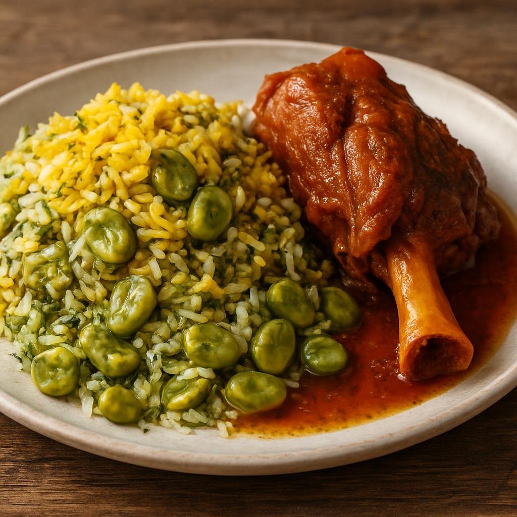 Entree: Iran – Shiraz / Fars – باقالی پلو ➤ Bāghalī Polo (Saffron rice cooked with dill and fava beans, traditionally served with braised lamb) recipe
