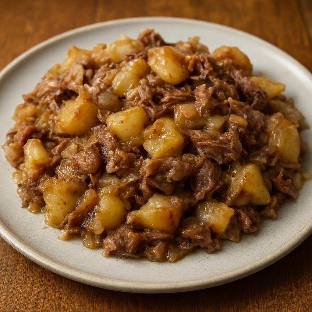 Entree: United Kingdom – Scotland Lowlands – Stovies (Slow-cooked hearty potato and meat hash traditionally made with onions, beef drippings, and leftover roast meat) recipe