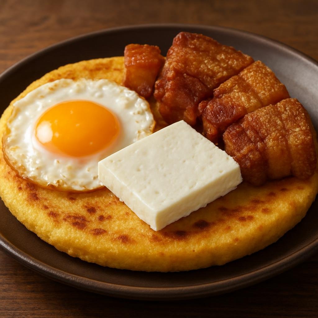 Entree: Colombia – Santander – Arepa Santandereana (A thick grilled cornmeal patty from Santander typically served with fresh regional cheese, fried egg and crunchy pork) recipe