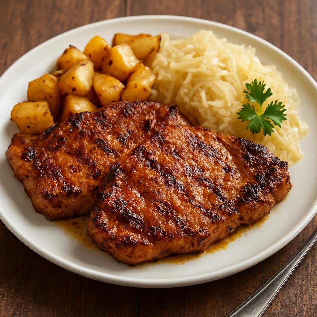 Entree: Germany – Saarland – Saarländischer Schwenkbraten (Marinated pork steaks traditionally grilled over a swinging open grill) recipe