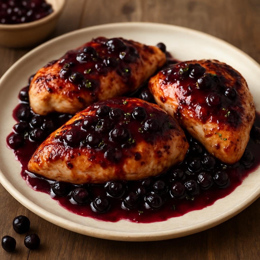 Entree: Canada – Prairies – Saskatoon Berry Glazed Chicken (Pan-roasted or baked chicken finished with a sweet-tart reduction made from Saskatoon berries) recipe