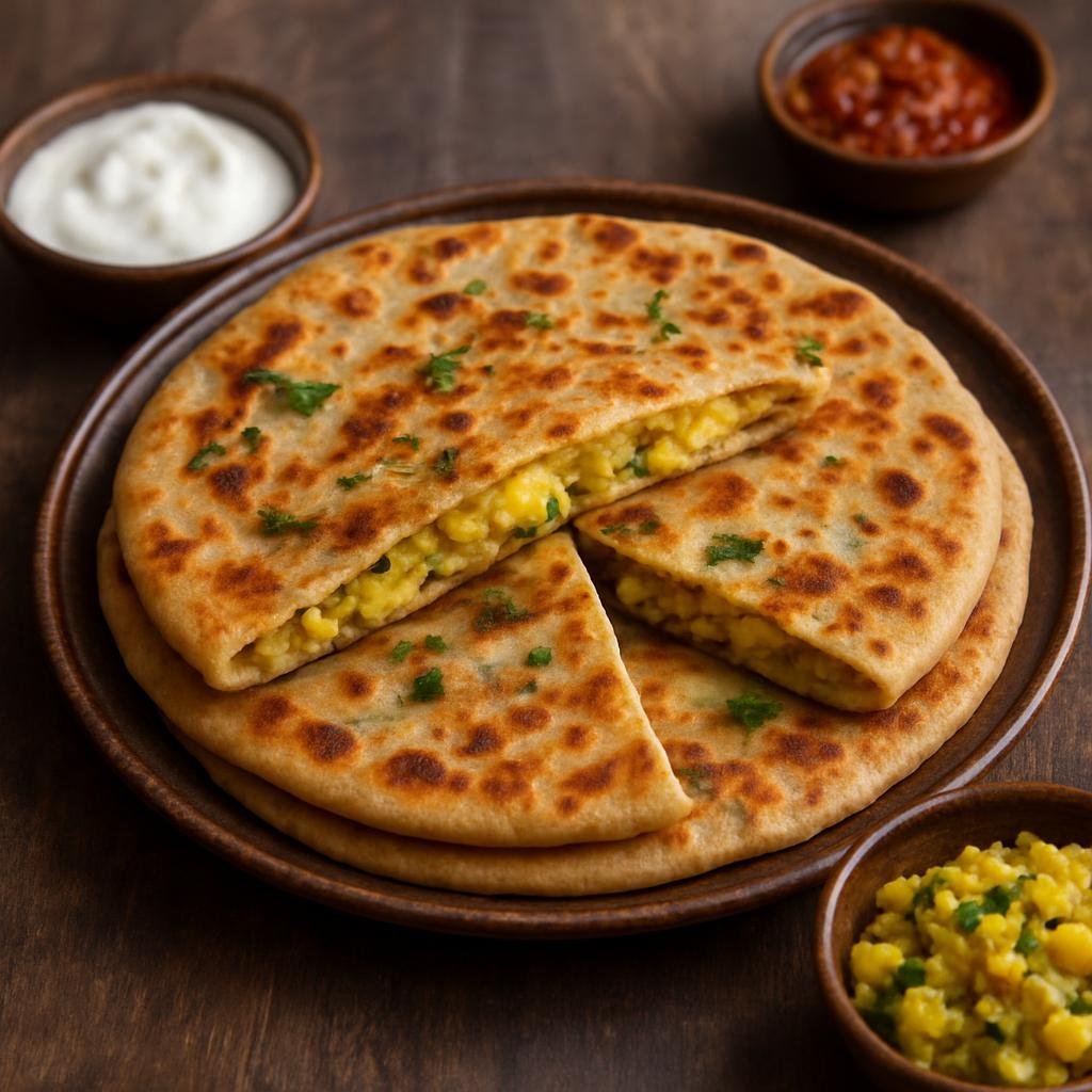 Entree: India – Delhi & NCR – आलू पराठा ➤ Ālū Parāṭhā (Pan-fried whole-wheat flatbreads stuffed with spiced mashed potatoes) recipe