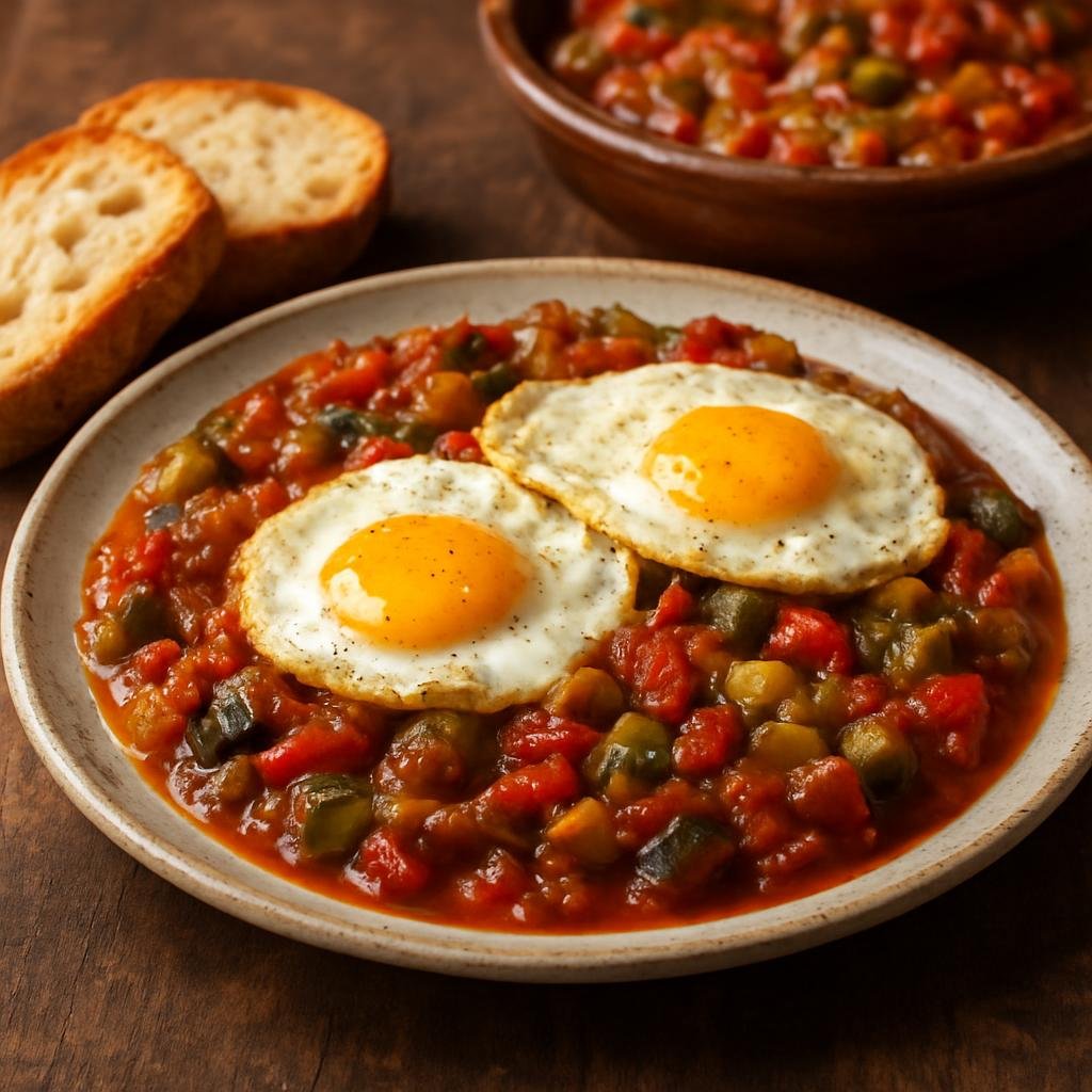 Entree: Spain – Extremadura – Pisto Extremeño (Rustic Spanish vegetable stew from Extremadura of tomatoes, peppers, eggplant or zucchini, often served with fried eggs or bread) recipe