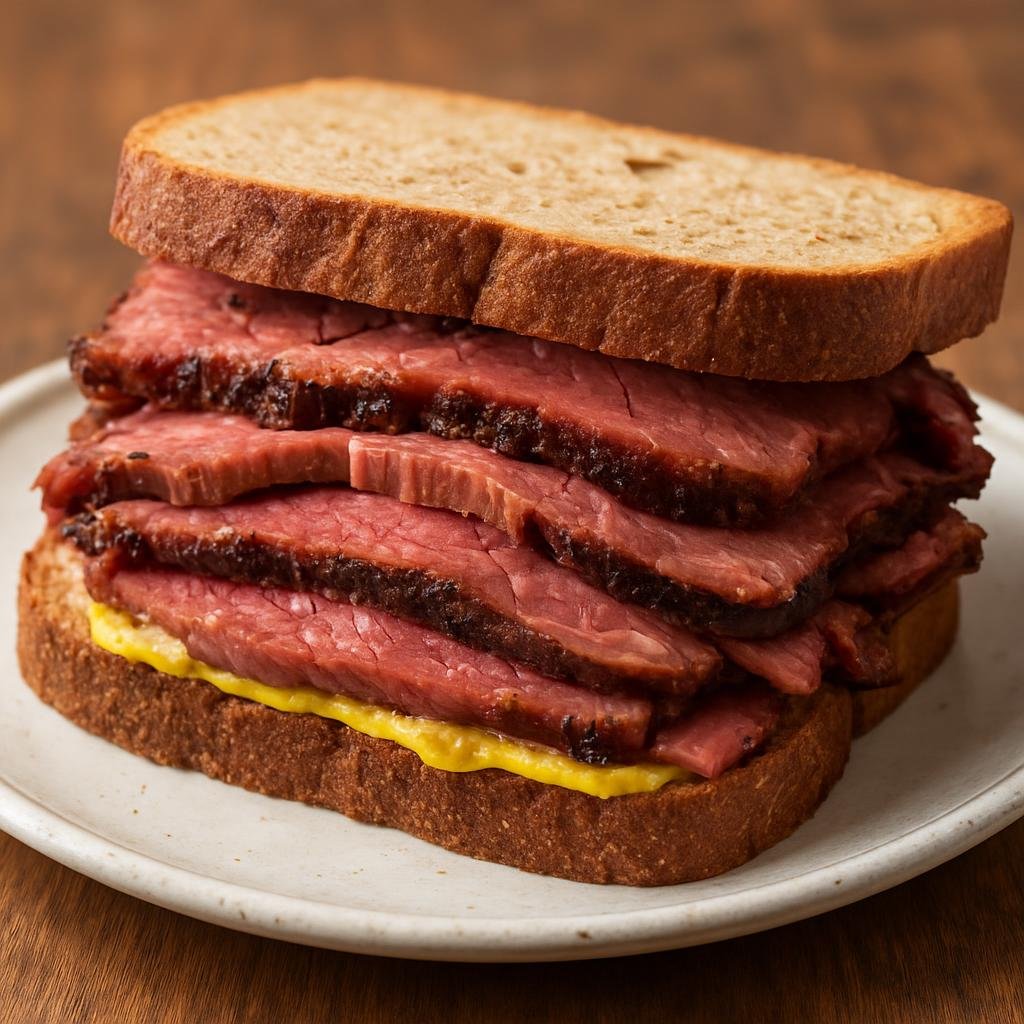 Entree: Canada – Prairies – Smoked Meat Sandwich (Warm sandwich of cured, smoked and steamed beef brisket served on rye with mustard.) recipe