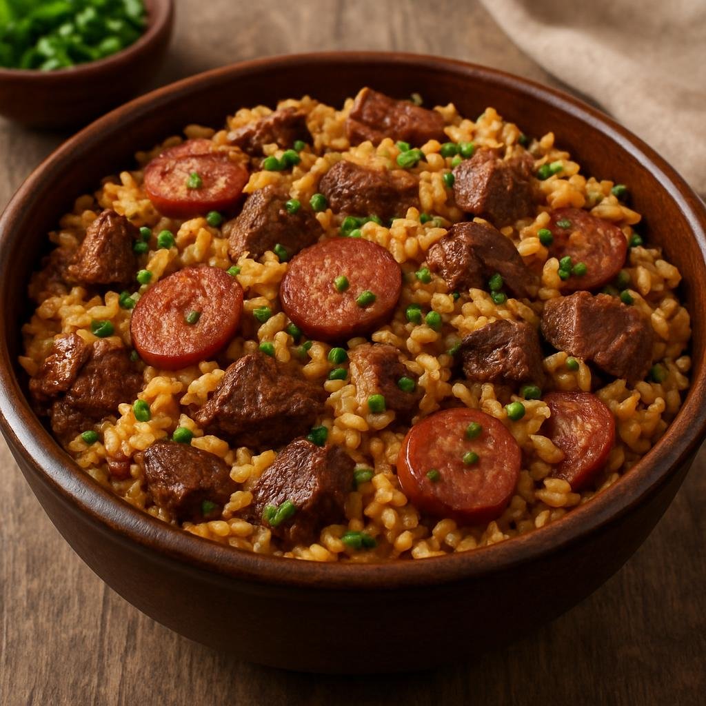 Entree: Brazil – Mato Grosso – Arroz Carreteiro (Hearty Brazilian one-pot rice made with preserved beef and sausage) recipe