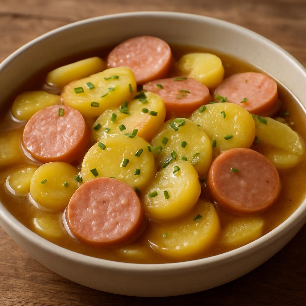 Entree: Germany – Saarland – Saarländischer Kartoffelsalat mit Lyoner (Warm Saarland-style potato salad dressed with hot broth and slices of Lyoner sausage) recipe
