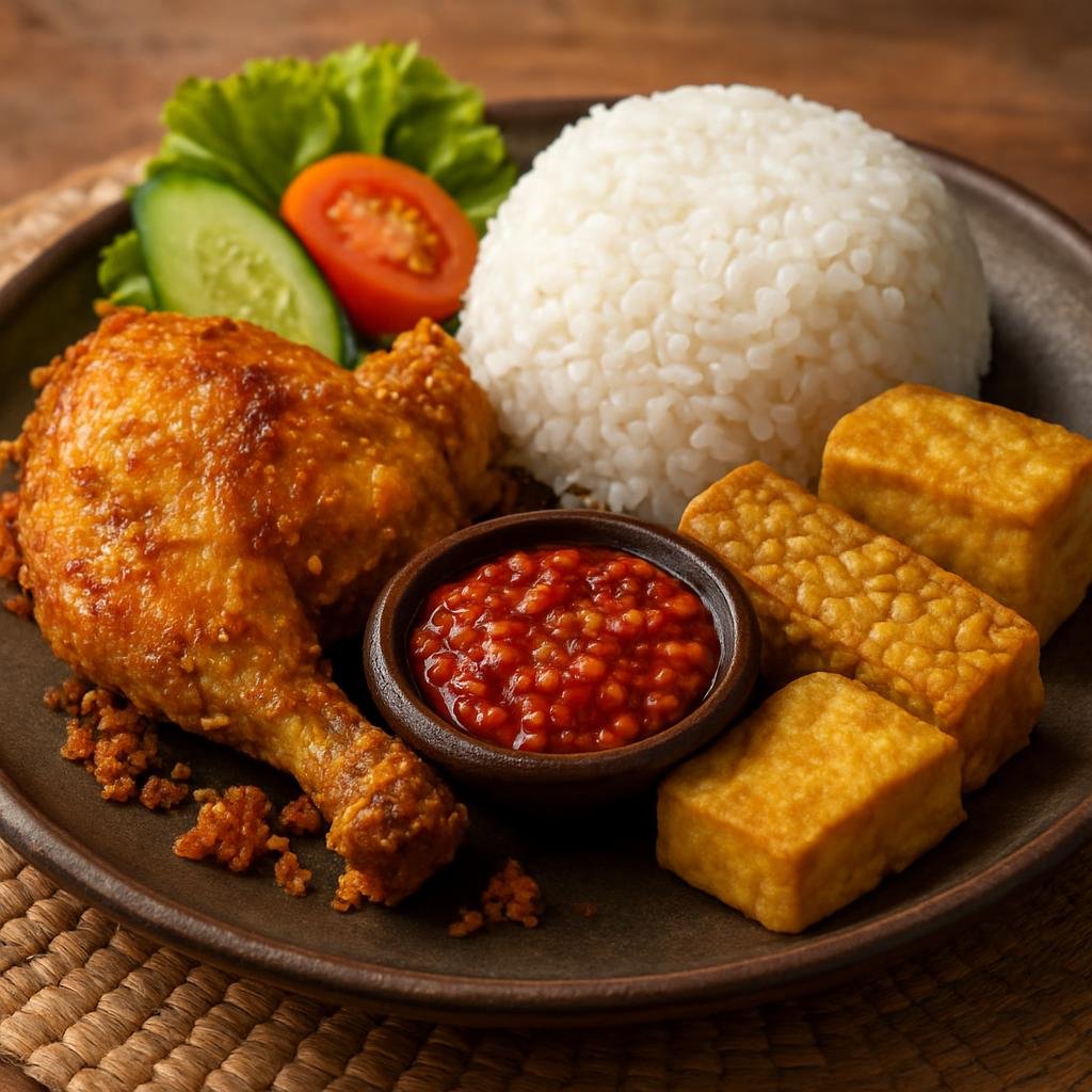 Entree: Indonesia – Indonesian Muslim Festival Cuisine – Ayam Penyet (Indonesian smashed fried chicken served with fiery sambal and sides like fried tofu, tempeh and rice) recipe