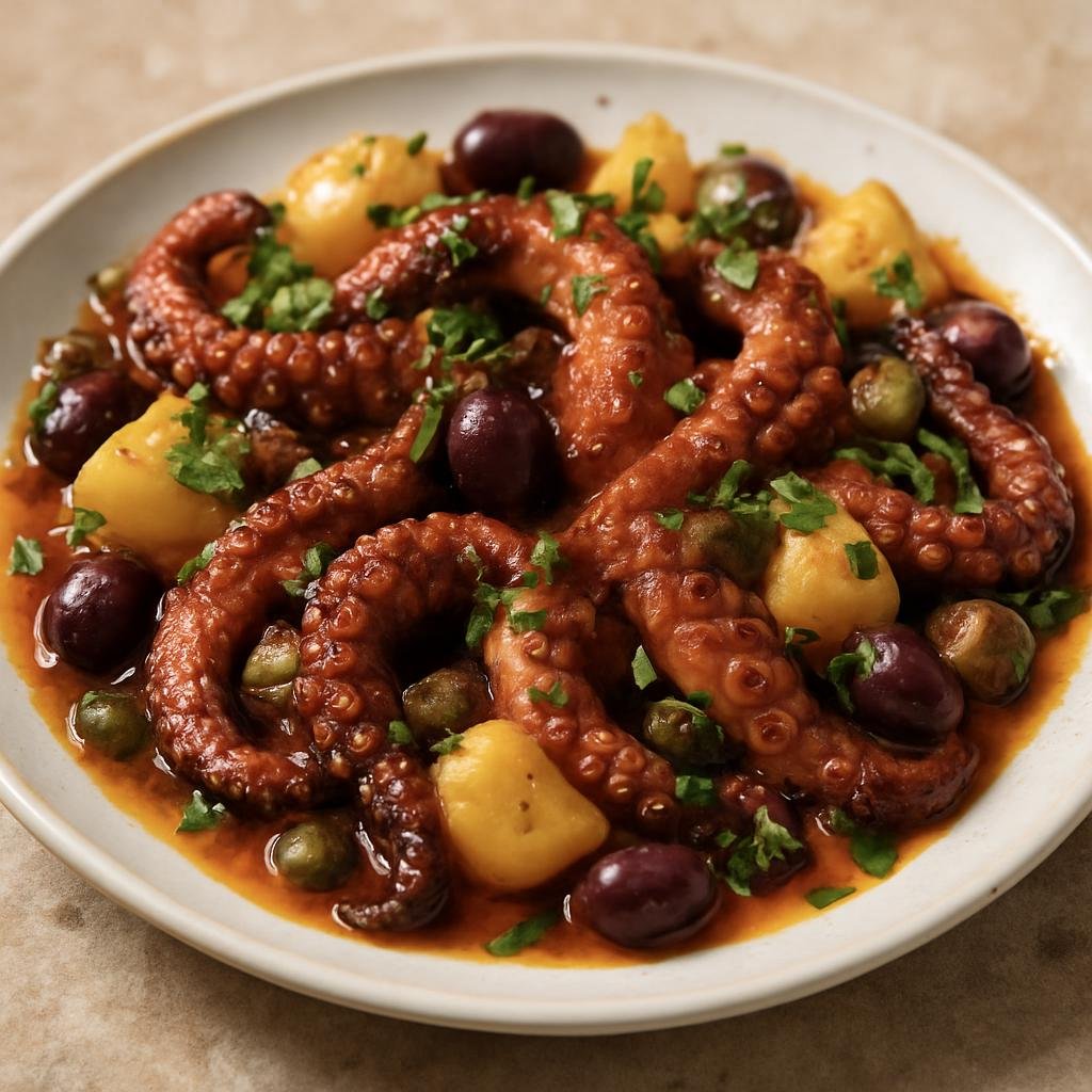 Entree: Italy – Liguria – Polpo alla Ligure (Ligurian-style octopus braised and finished with potatoes, Taggiasca olives, capers, celery, and parsley) recipe