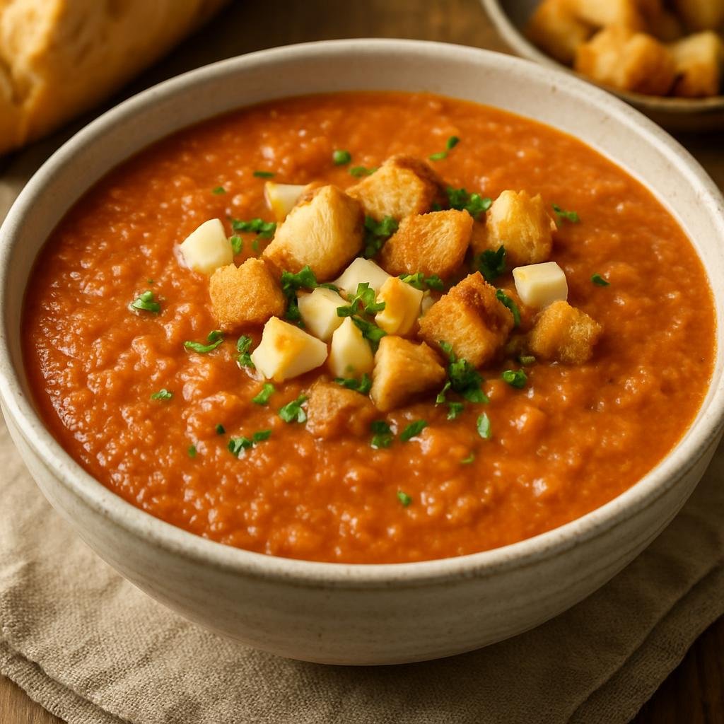 Entree: Spain – Extremadura – Gazpacho Extremeño (Thick chilled tomato-and-bread soup from Extremadura) recipe