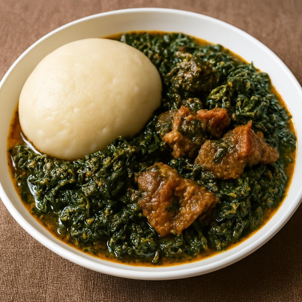 Entree: Nigeria – Nigerian Party Food – Afang Soup with Fufu (A hearty Nigerian leafy-vegetable and meat soup served with pounded cassava fufu) recipe