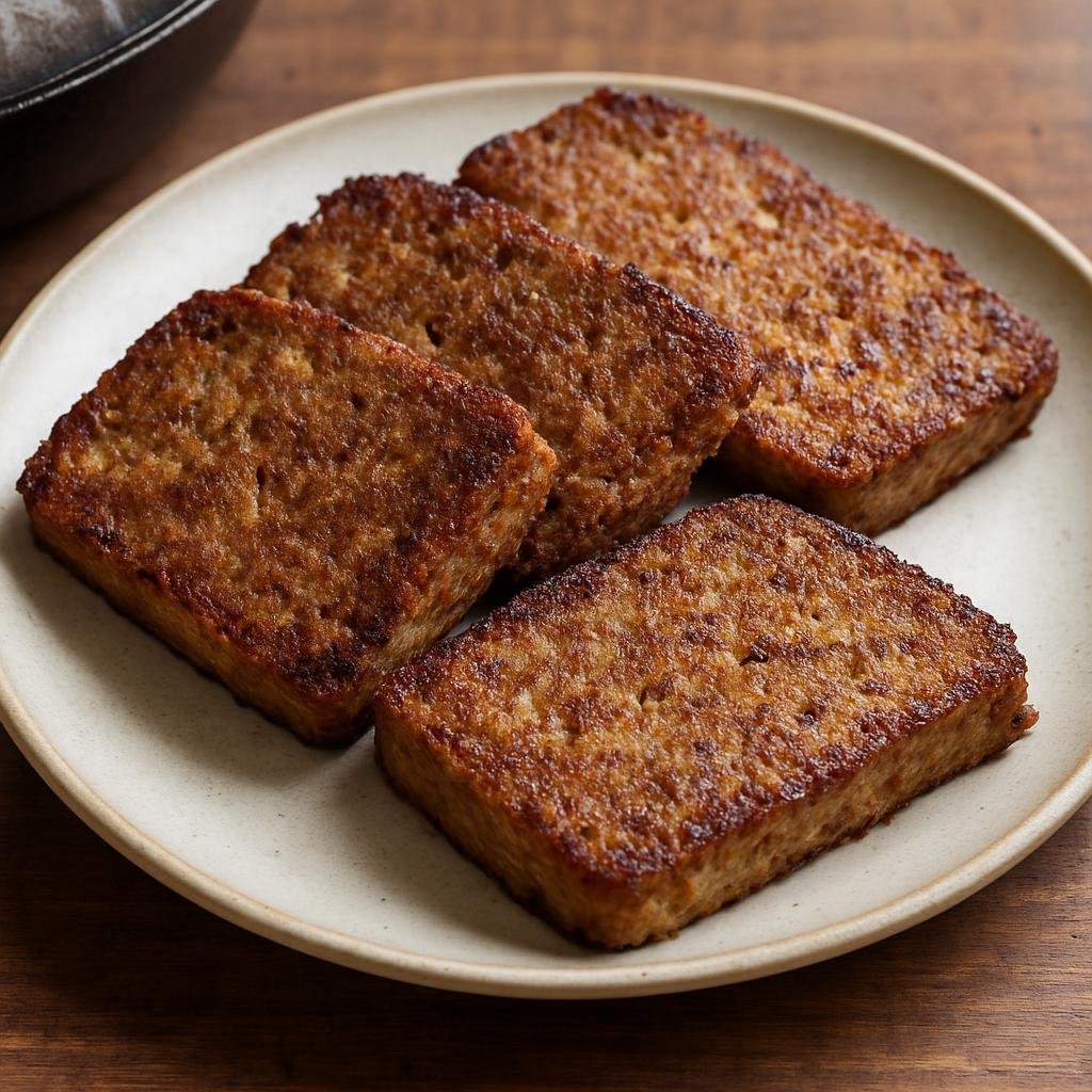 Entree: United States – Carolinas Piedmont – Liver Mush (A seasoned pork-liver and cornmeal loaf that is set, sliced, and pan-fried until crisp on the outside) recipe