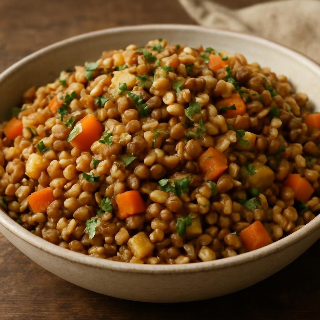 Entree: Canada – Prairies – Lentil and Barley Pilaf (Hearty pilaf of lentils and pearl barley cooked with aromatics, root vegetables, and herbs) recipe