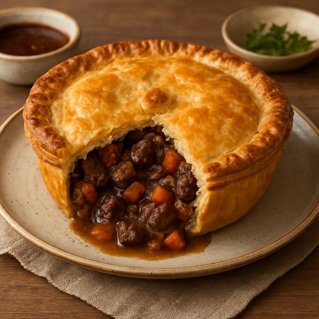 Entree: Australia – Western Australia – Quokka Pie (Hearty Australian meat pie named for the quokka, typically filled with kangaroo or beef, root vegetables and native seasonings) recipe
