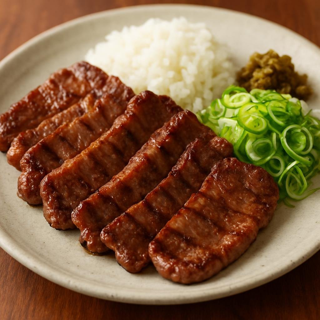 Entree: Japan – Tohoku – 牛タン焼き ➤ Gyūtan-yaki (Thinly sliced beef tongue lightly seasoned and grilled, a specialty of Tohoku often served with rice and scallions) recipe