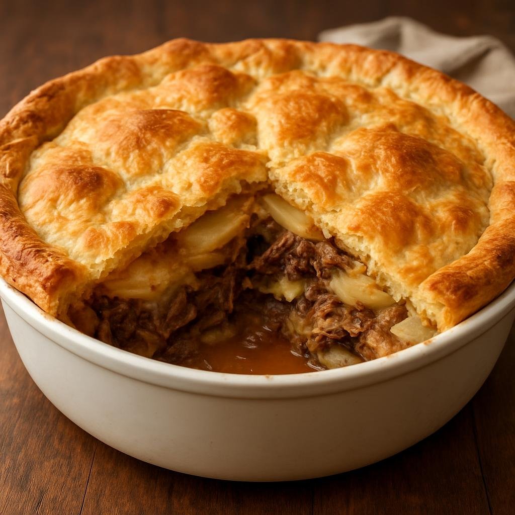 Entree: Canada – Quebec – Cipaille (Hearty layered meat and potato pie slow-baked in a deep dish with a pastry or biscuit topping) recipe