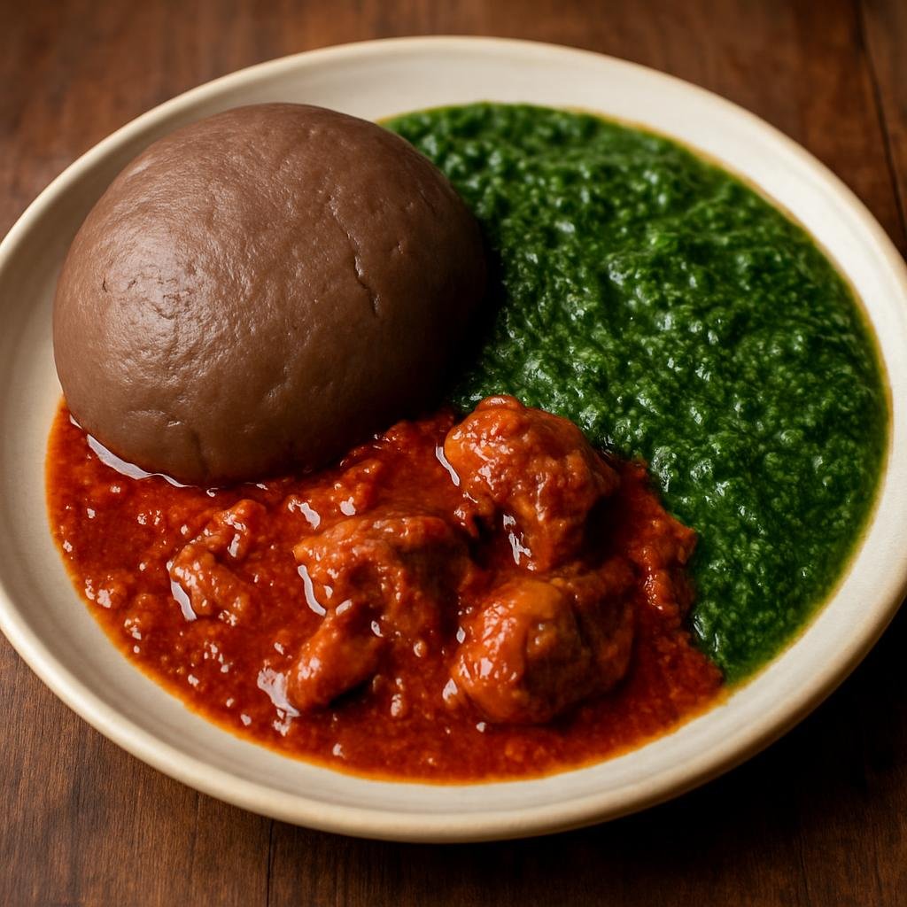 Entree: Nigeria – Yoruba Southwest – Amala and Ewedu (Yam flour dough served with a silky jute-leaf stew, typically eaten with a tomato-based stew and protein) recipe