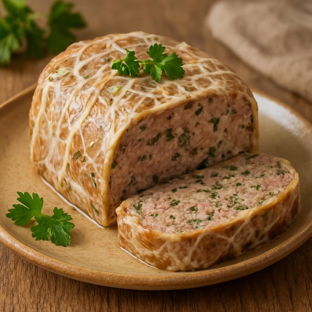 Entree: France – Dauphine – Caillette de Chabeuil (A rustic Dauphiné pork and herb terrine wrapped in caul fat) recipe