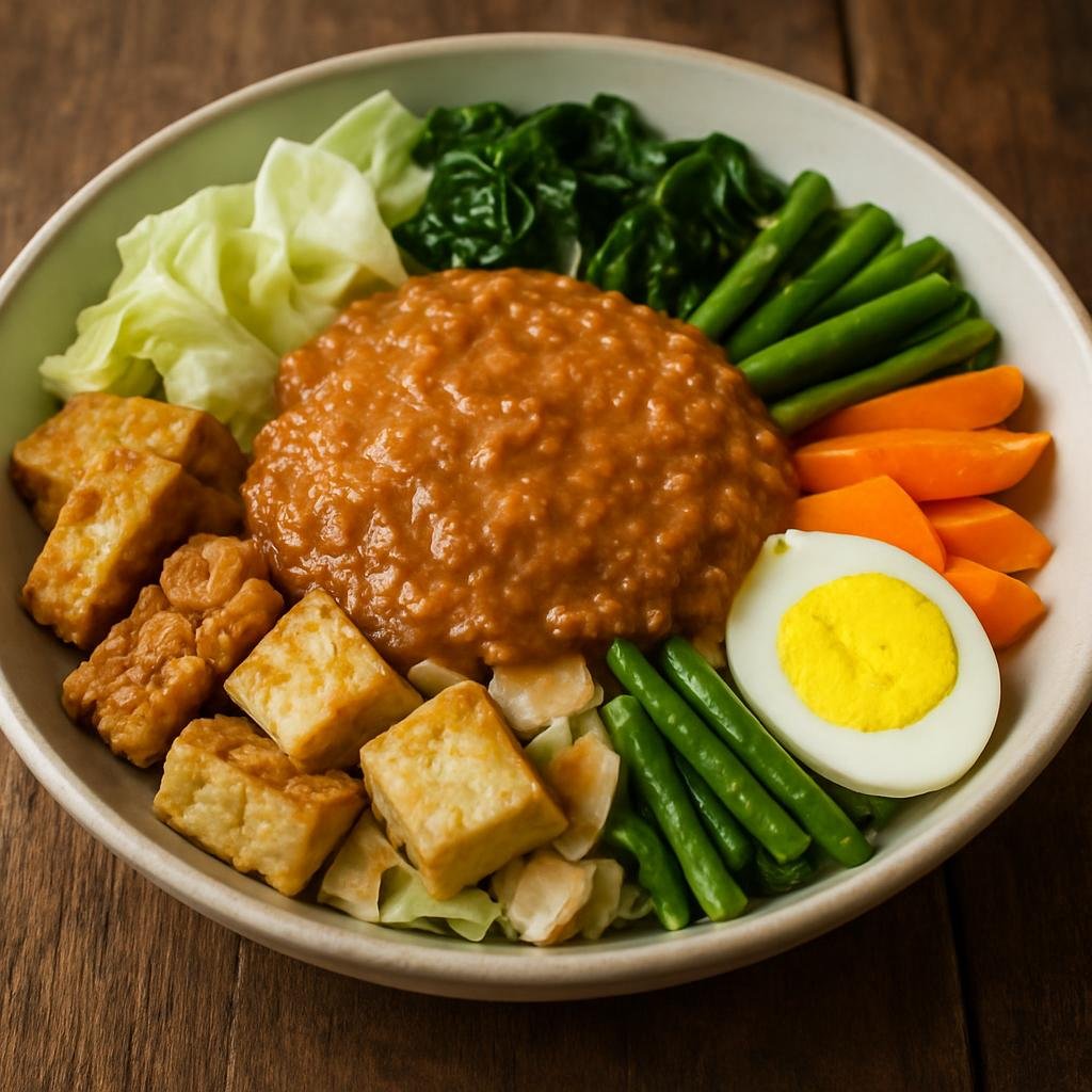 Entree: Indonesia – Indonesian Street Food – Gado-Gado (Indonesian mixed boiled and fried vegetables with tofu, tempeh, eggs, and a savory-sweet peanut sauce) recipe