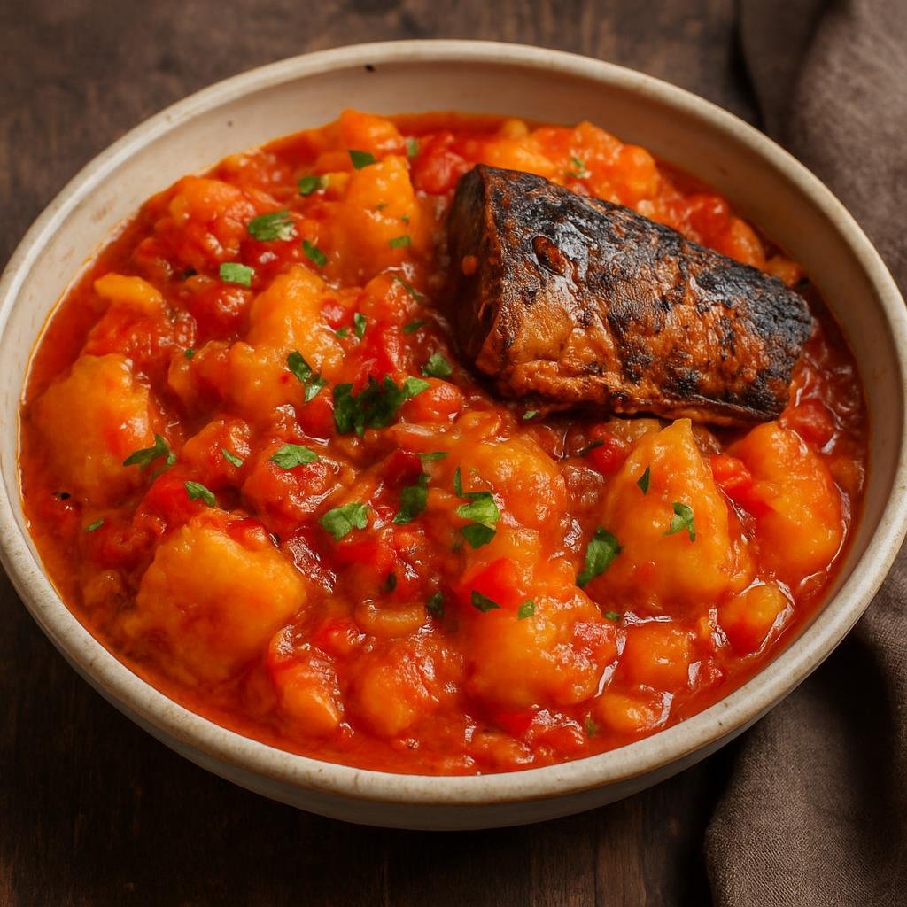 Entree: Nigeria – Yoruba Southwest – Asaro (Thick yam pottage cooked with peppers, tomatoes, onions, palm oil, and smoked fish) recipe
