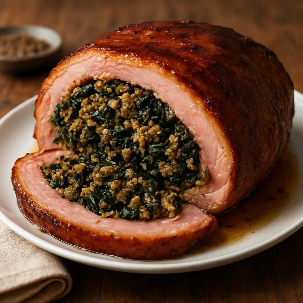 Entree: United States – Chesapeake Bay – Stuffed Ham (Chesapeake Bay–style salt-cured ham butterflied and packed with a seasoned greens-and-spice stuffing, then baked low and slow) recipe