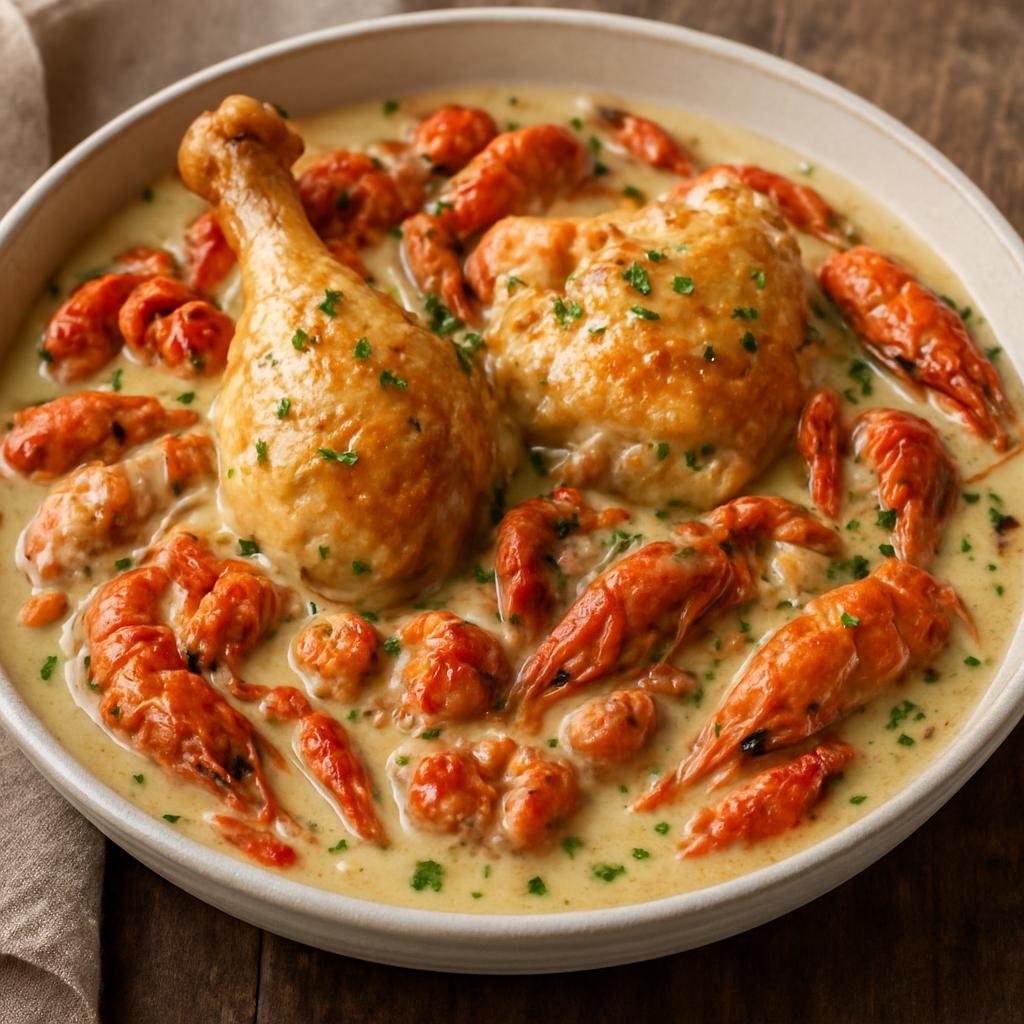 Entree: France – Dauphine – Poulet aux Écrevisses (Braised chicken cooked with crayfish in a rich white wine and cream sauce) recipe