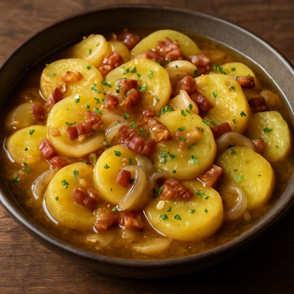 Entree: Germany – Saxony – Sächsischer Kartoffelsalat (Warm Saxon-style potato salad dressed with hot savory broth, vinegar, onions, and bacon) recipe
