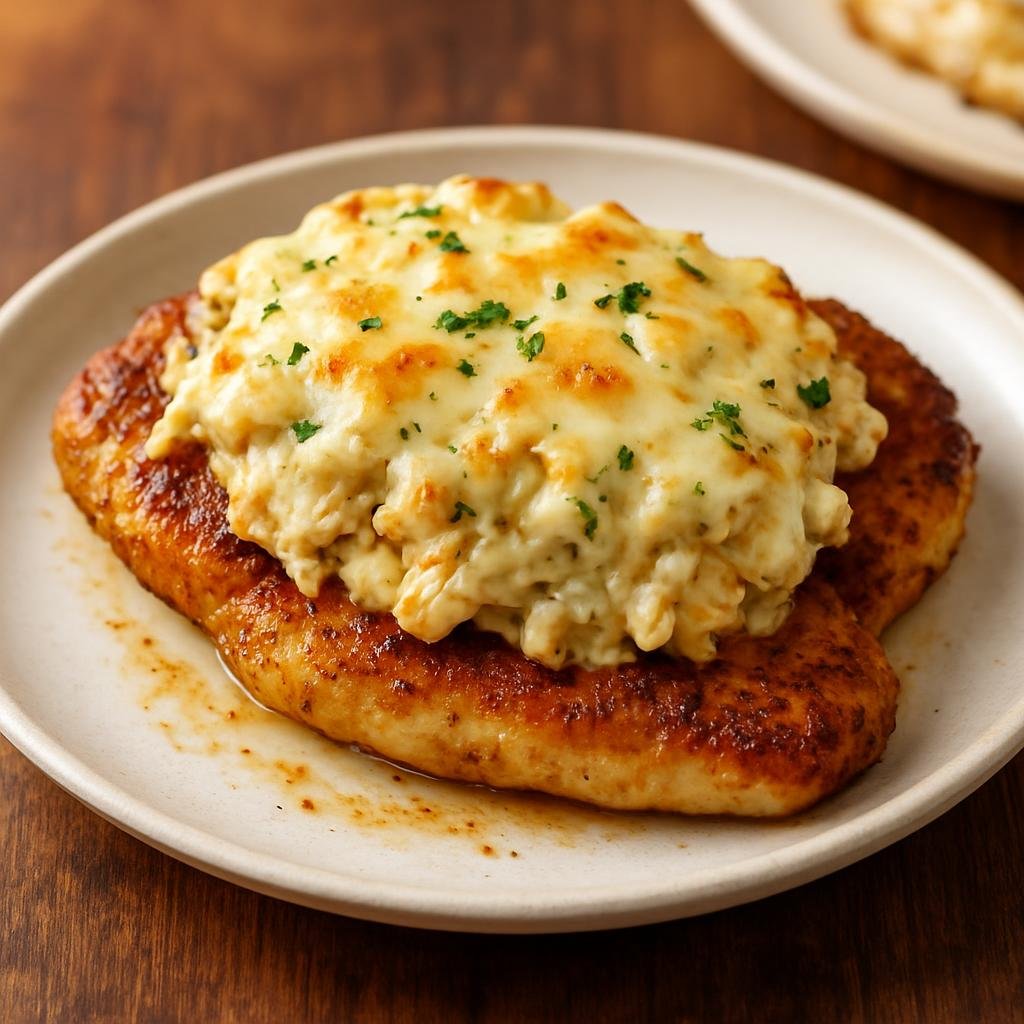 Entree: United States – Chesapeake Bay – Chicken Chesapeake (Pan-seared chicken breast topped with a creamy Old Bay–seasoned crab imperial and melted cheese) recipe