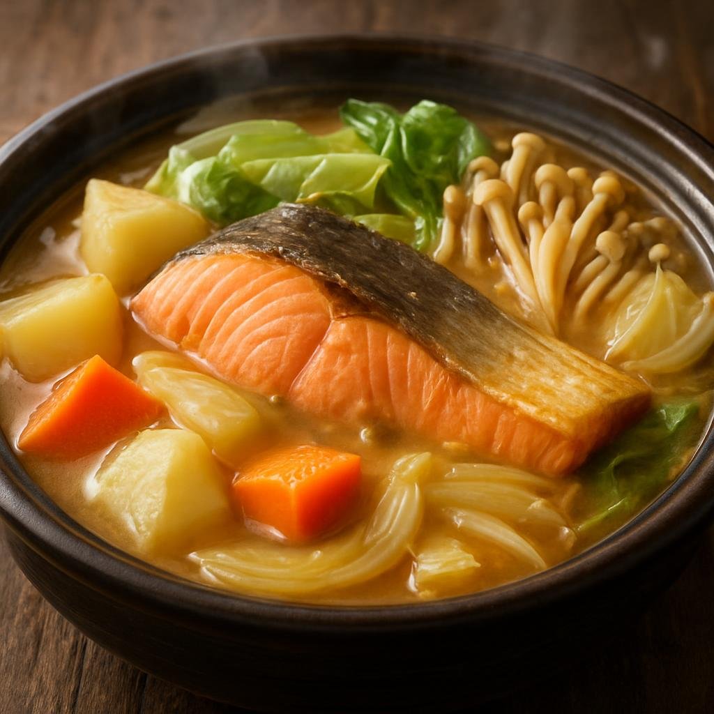 Entree: Japan – Tohoku – 石狩鍋 ➤ Ishikari-nabe (Hearty salmon and vegetable hot pot simmered in a savory miso broth) recipe