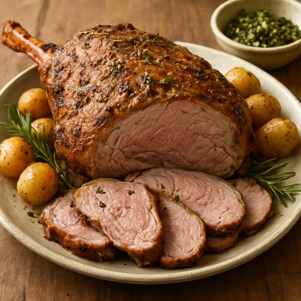 Entree: United Kingdom – Wales – Salt Marsh Lamb (Roast lamb from sheep grazing salt marshes, seasoned simply with garlic and herbs and slow-roasted until tender) recipe