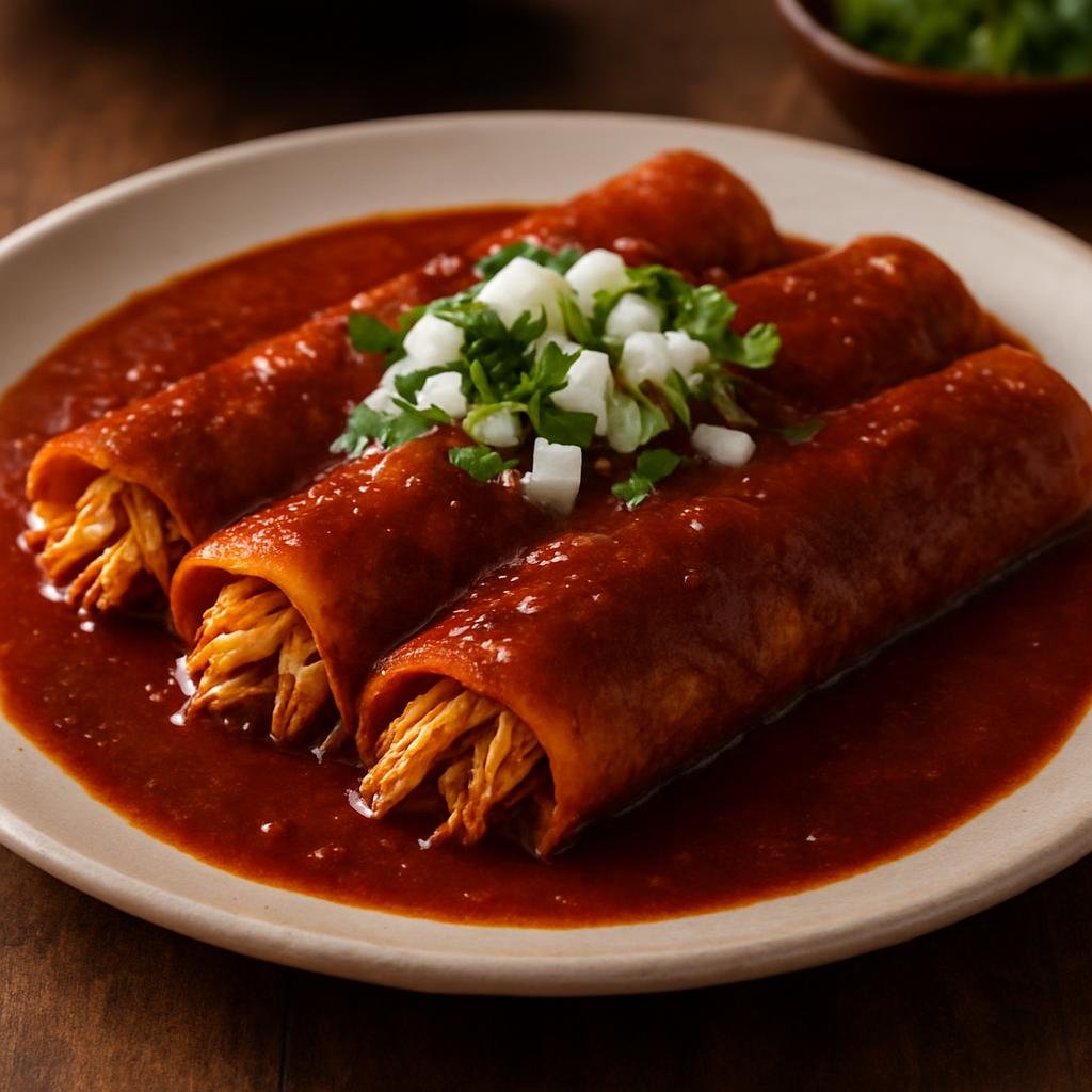 Entree: Mexico – Michoacan – Tzintzunzan-Style Enchiladas (Corn tortillas filled with shredded chicken and dressed in a smoky guajillo red chile sauce typical of Tzintzunzan, Michoacán) recipe