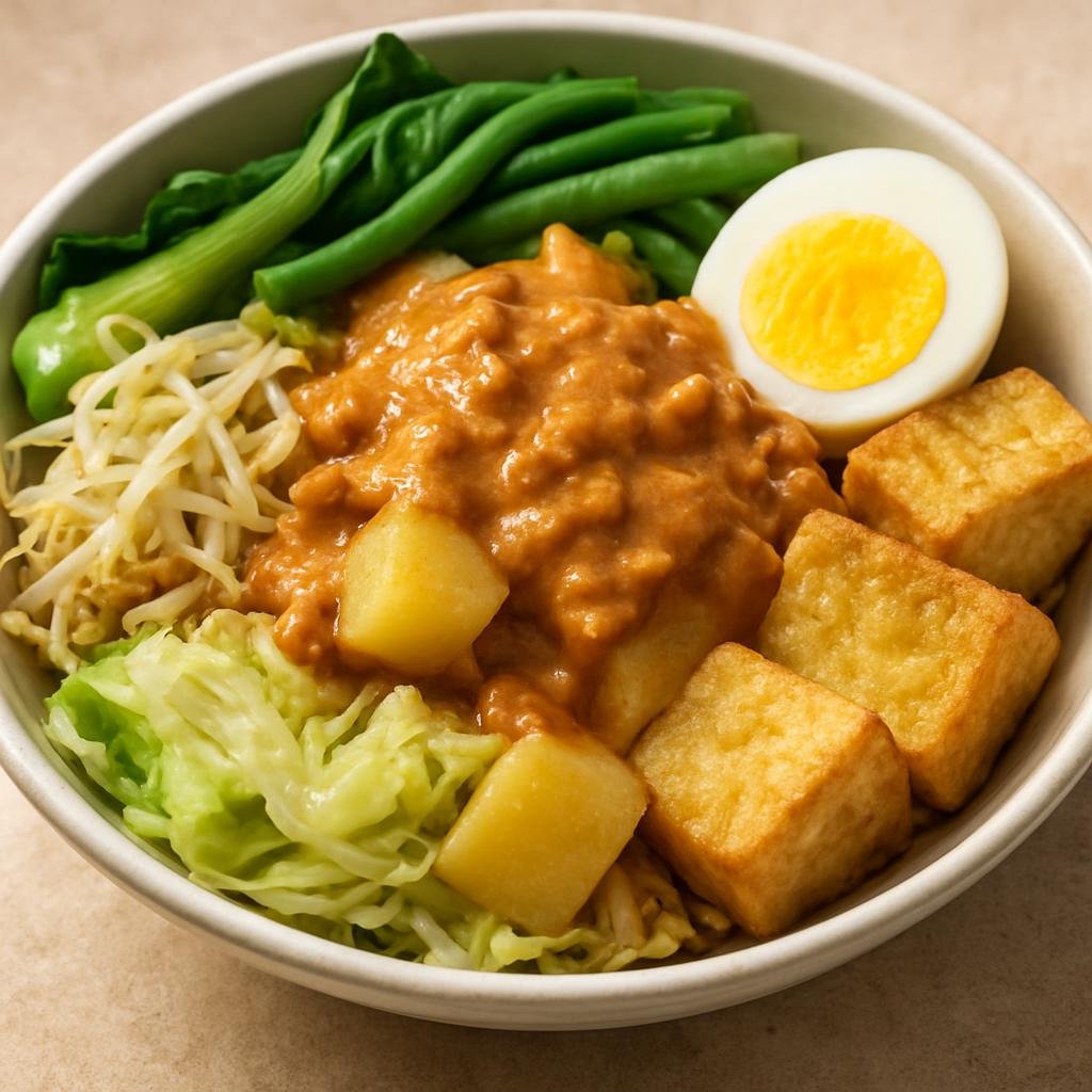 Entree: Indonesia – Java – Gado-Gado (Indonesian mixed vegetable and protein salad dressed with a savory peanut sauce) recipe