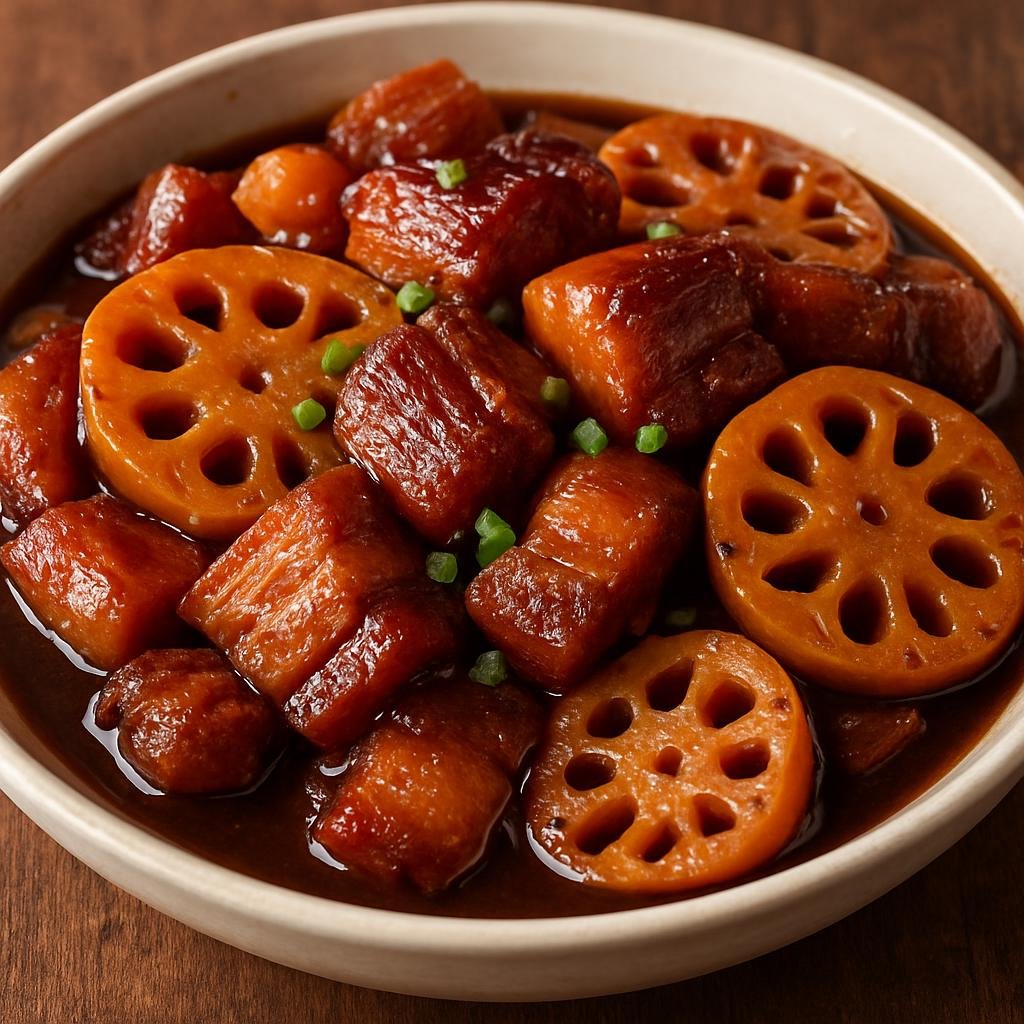 Entree: China – Hubei – 红烧肉炖莲藕 ➤ Hóngshāo ròu dùn lián'ǒu (Pork belly braised with lotus root in a savory-sweet soy and aromatics sauce) recipe
