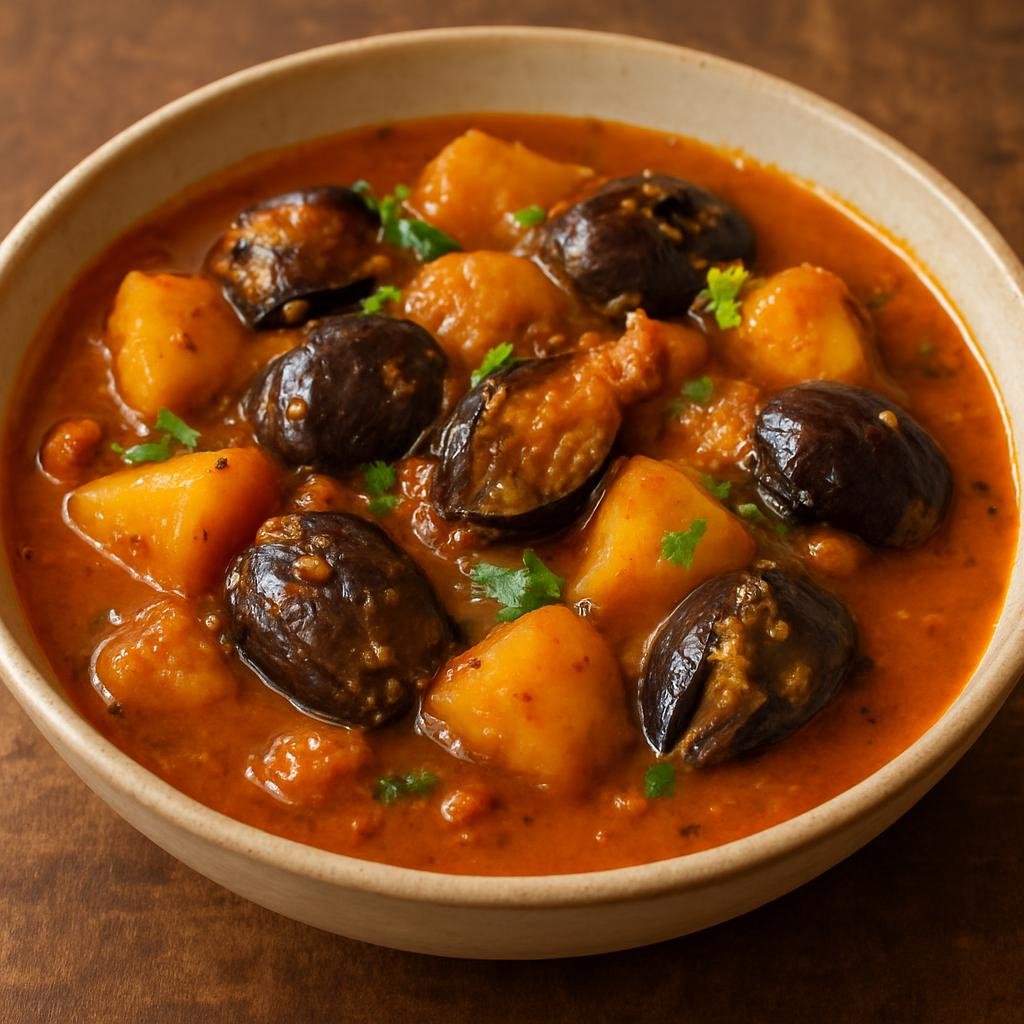 Entree: India – Gujarat – રિંગણ બટેટા નુ શાક ➤ Ringan Bateta nu Shaak (Gujarati-style eggplant and potato curry in a spiced, slightly sweet-sour gravy) recipe