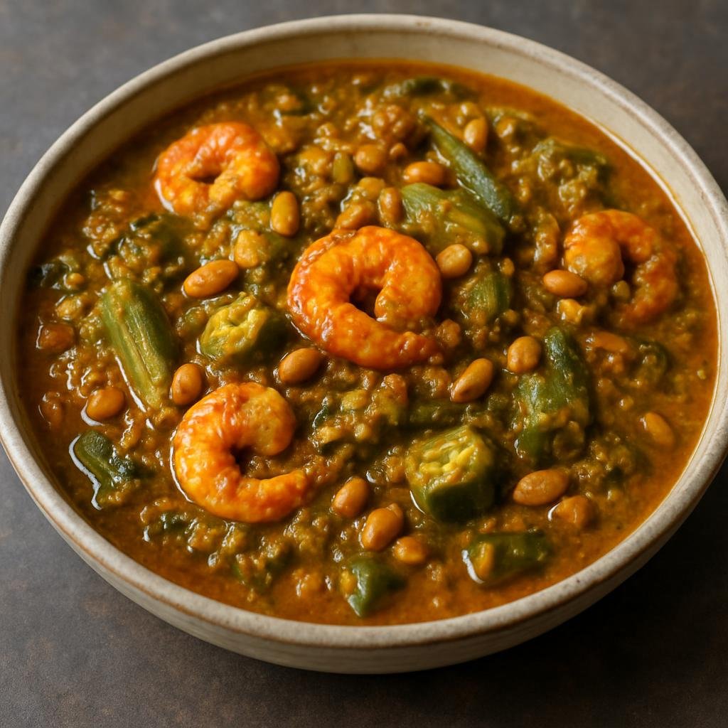Entree: Brazil – Para – Caruru Paraense (Pará-style shrimp and okra stew cooked with toasted peanuts and palm oil) recipe