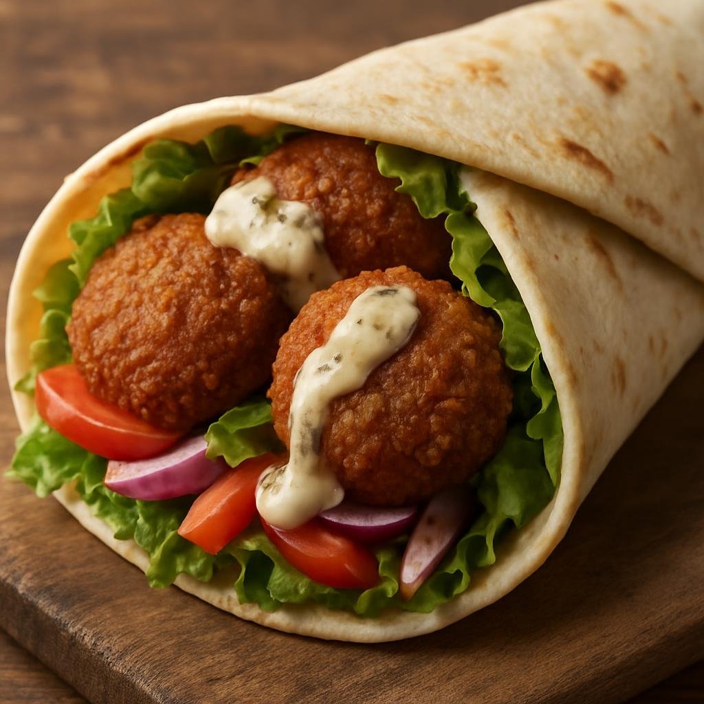Entree: Canada – Toronto Multicultural – Falafel Wrap (Spiced fried chickpea patties wrapped in flatbread with salad and tahini sauce) recipe