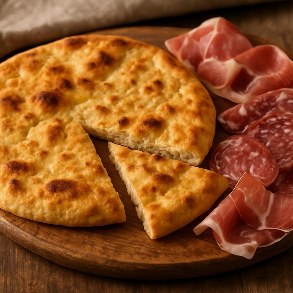 Entree: Italy – Marche – Crescia Marchigiana (Rustic enriched flatbread from Marche made with lard, eggs, and cheese, often served with cured meats) recipe